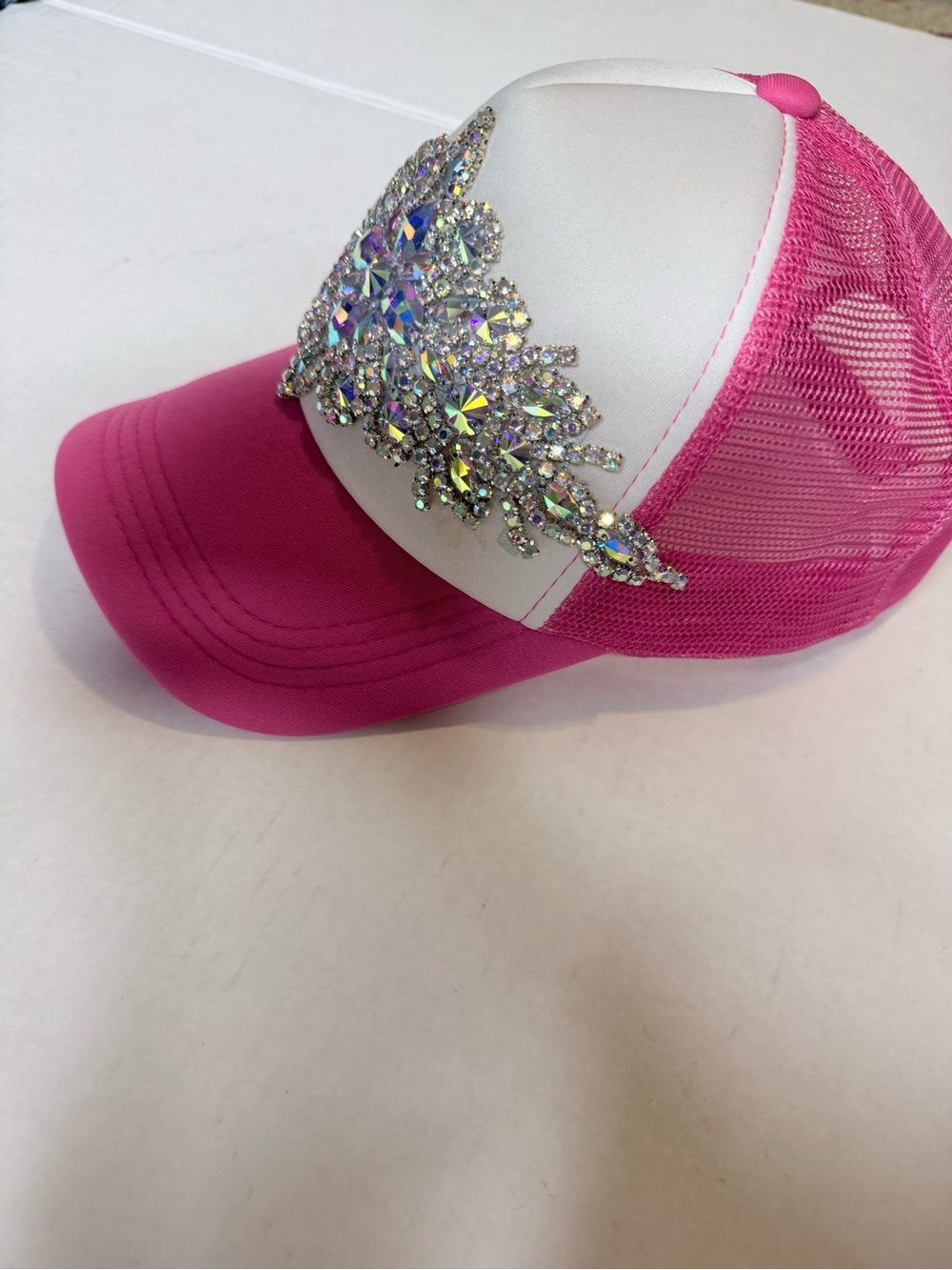 Pink and White Crystal Accent Trucker Hat - Picture 3 of 3